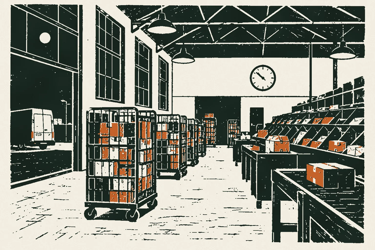 Linocut print of a mail sorting hall at night with cages of parcels