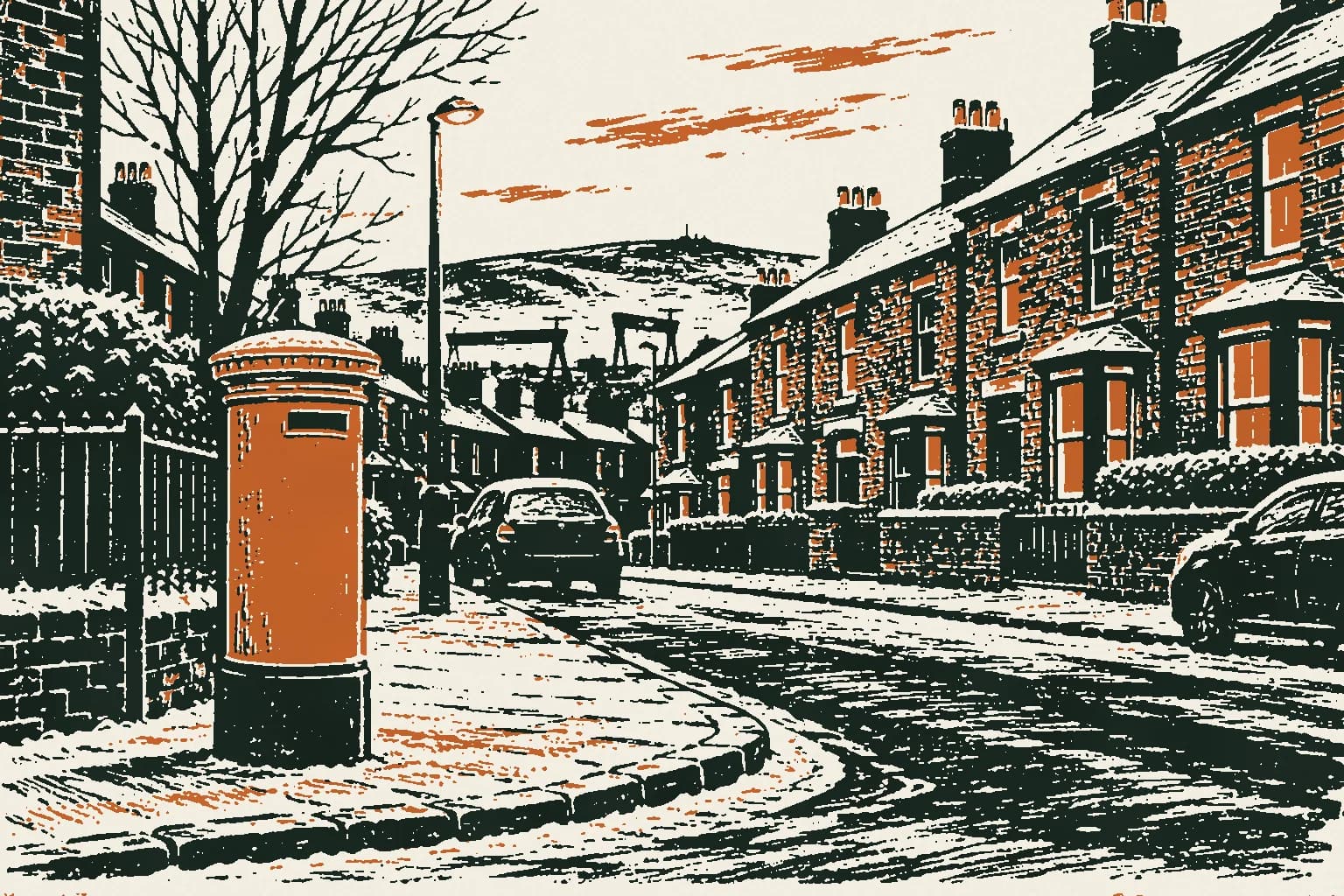 Linocut print of a plain red pillar postbox on a frosty Belfast street at dusk
