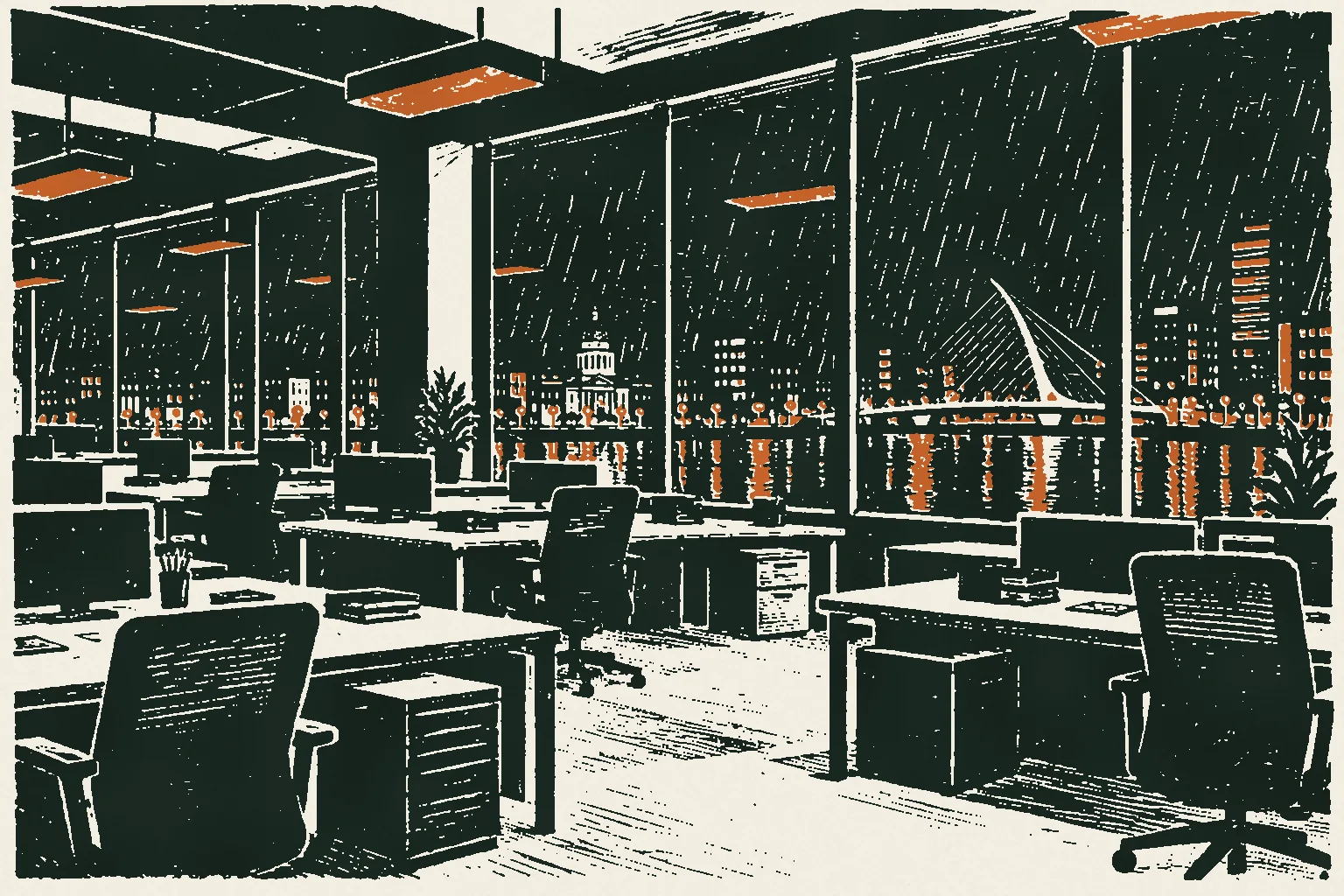 Linocut print of an empty open-plan office at night with rain streaking the tall windows