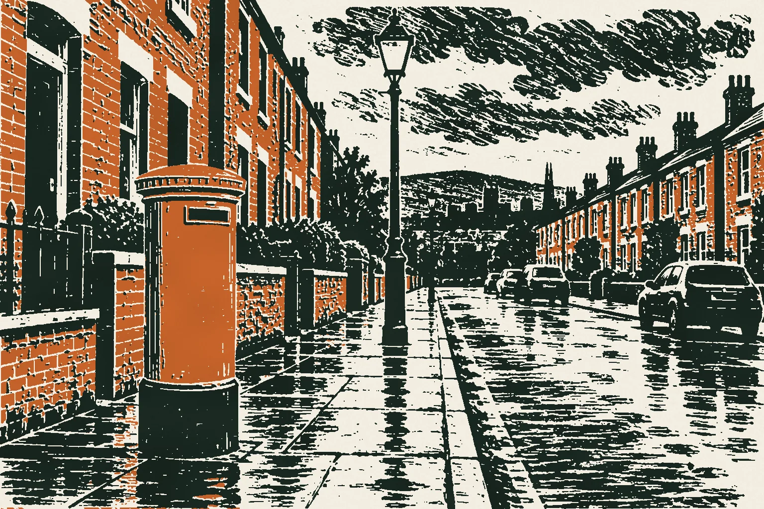 Linocut print of a red pillar postbox on a wet terraced street in Belfast