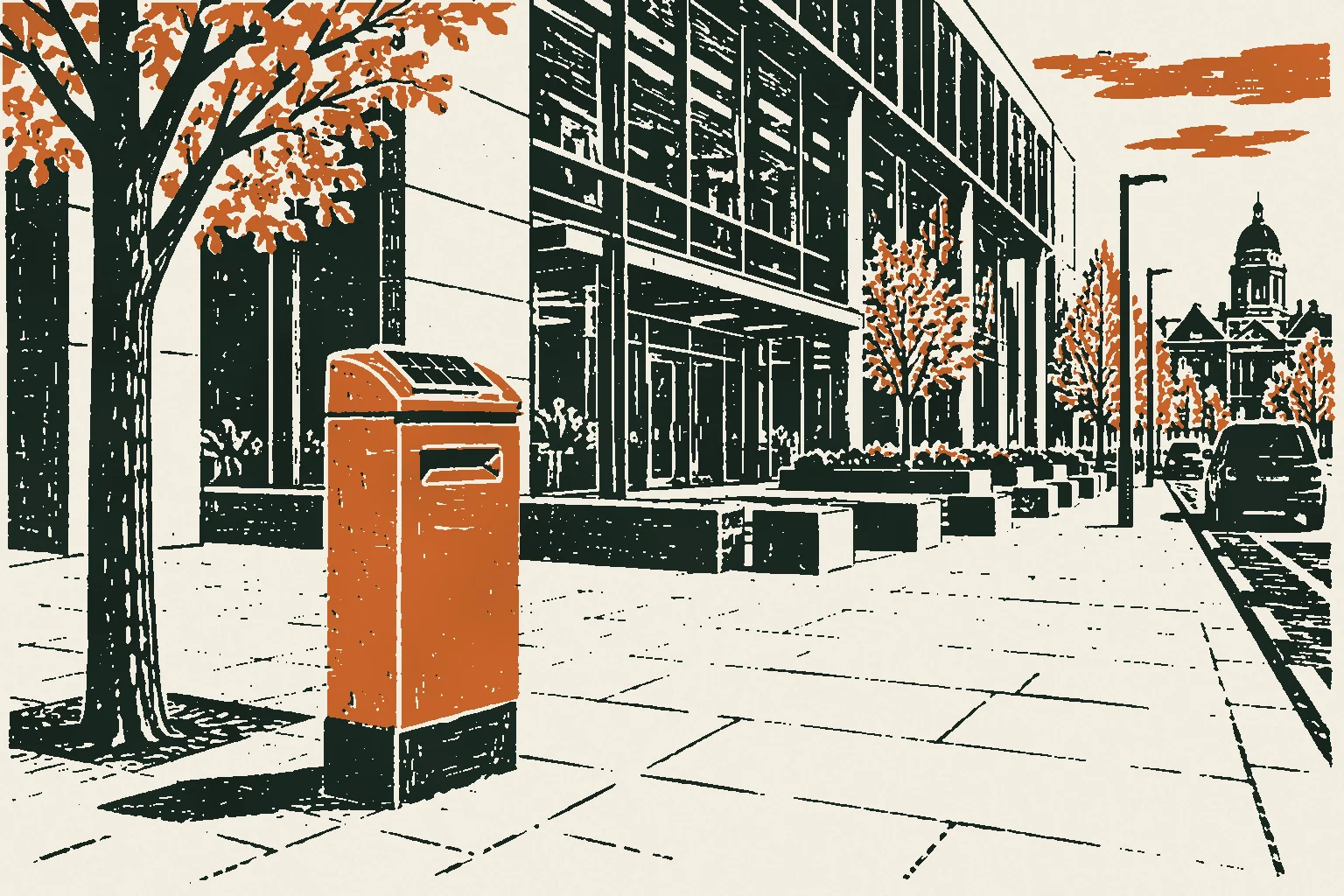 Linocut print of a solar-topped red parcel postbox outside a modern building on York Street, Belfast