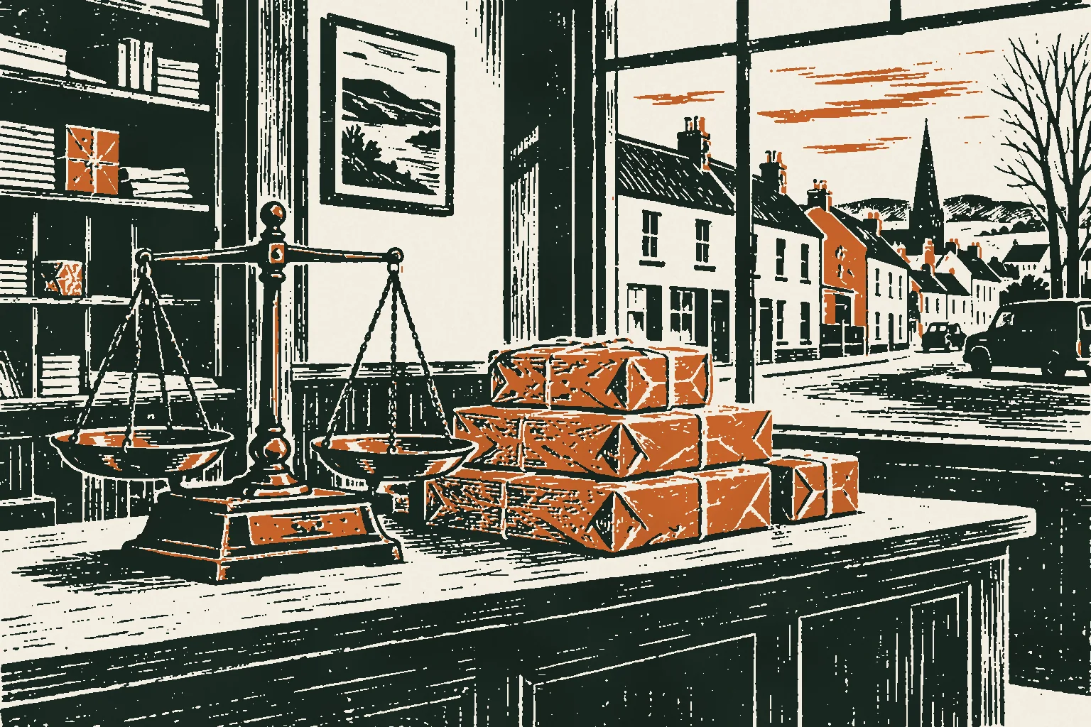 Linocut print of brass scales and string-tied brown paper parcels on a post office counter