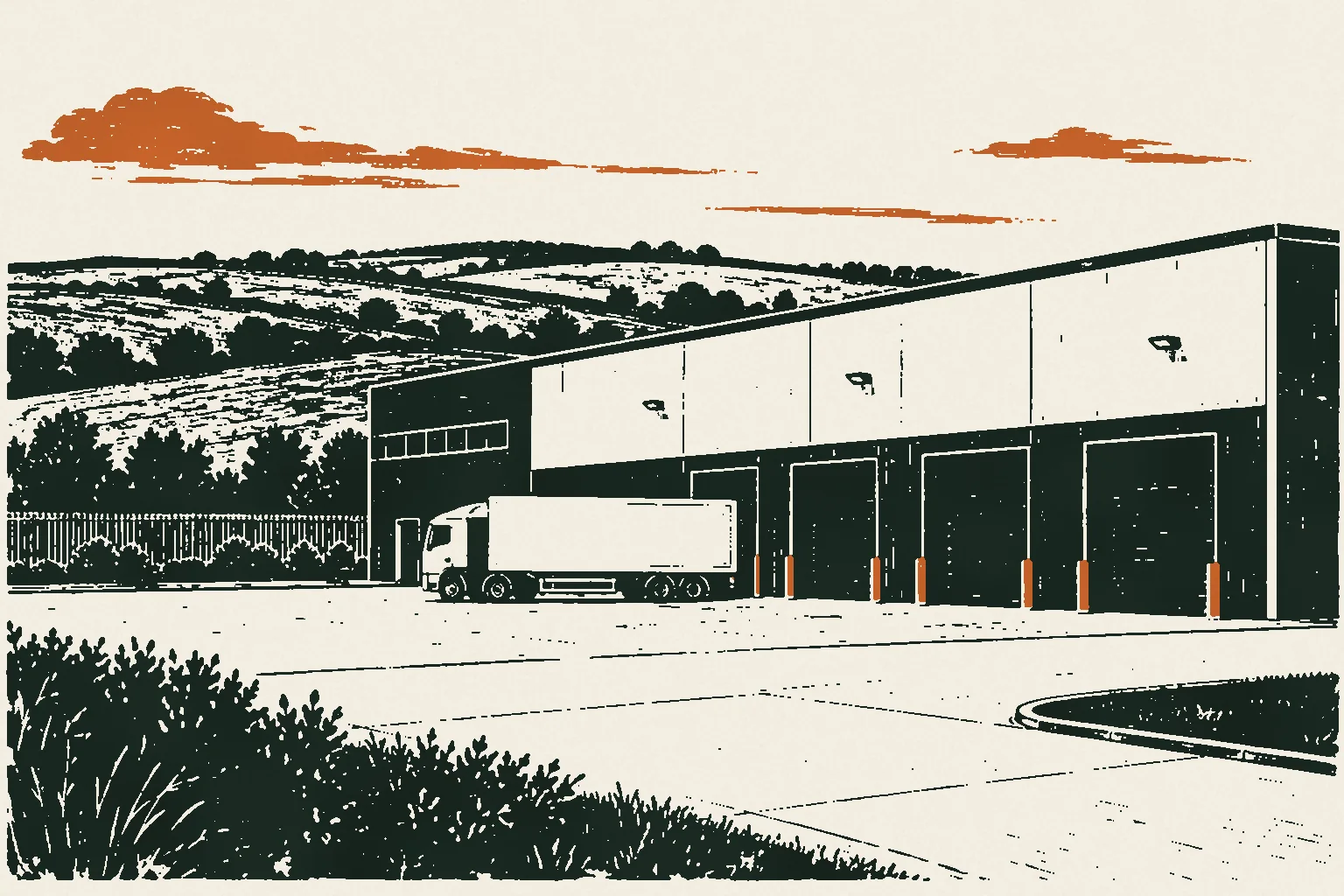 Linocut print of a warehouse with loading bays and an unmarked lorry on the edge of Dublin