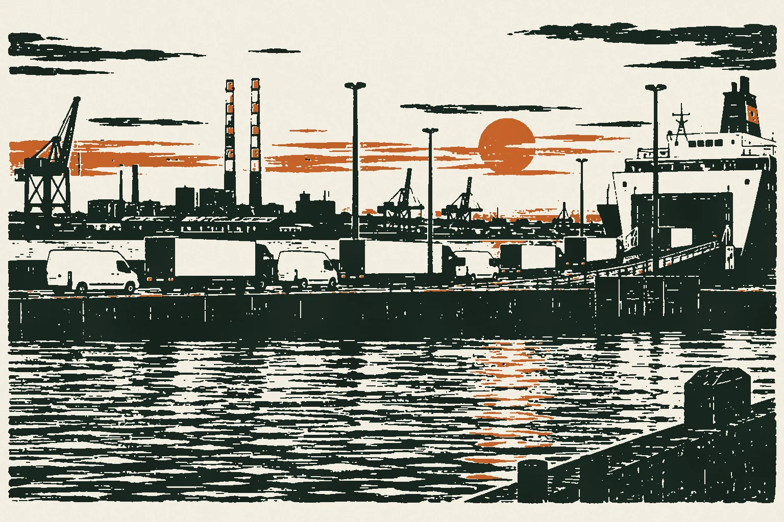 Linocut print of plain vans queuing at Dublin Port with cranes and the Poolbeg chimneys behind
