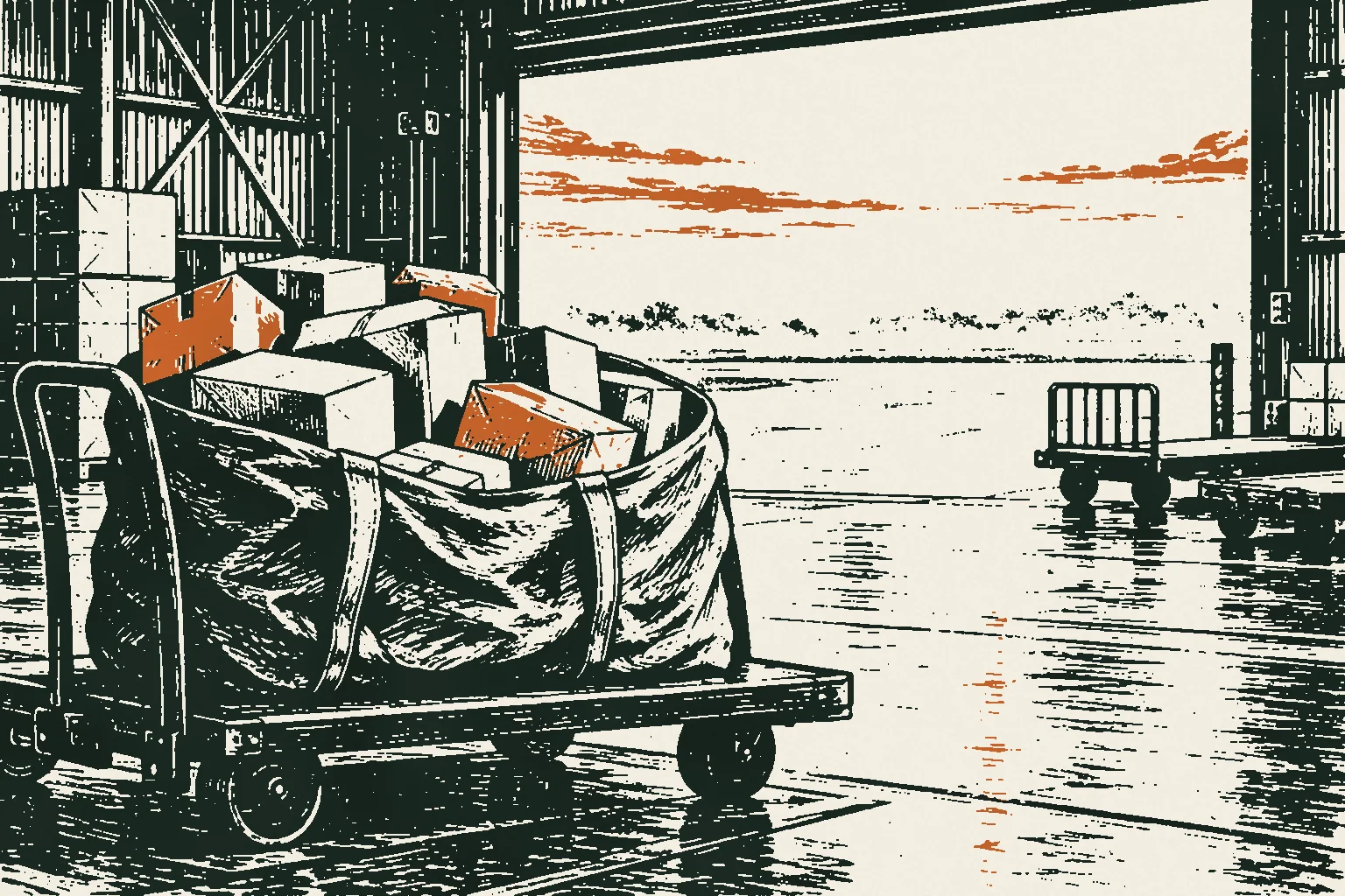 Linocut print of a canvas mail sack of parcels on a trolley in an airport cargo shed