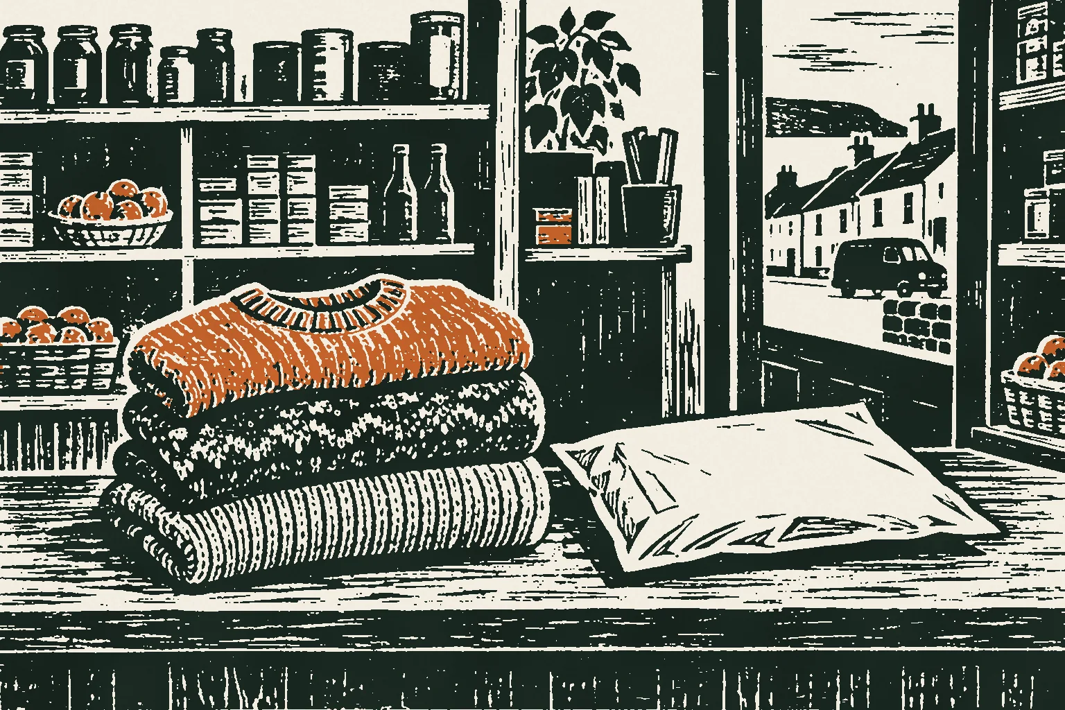Linocut print of folded second-hand jumpers and a postal bag on an Irish corner shop counter