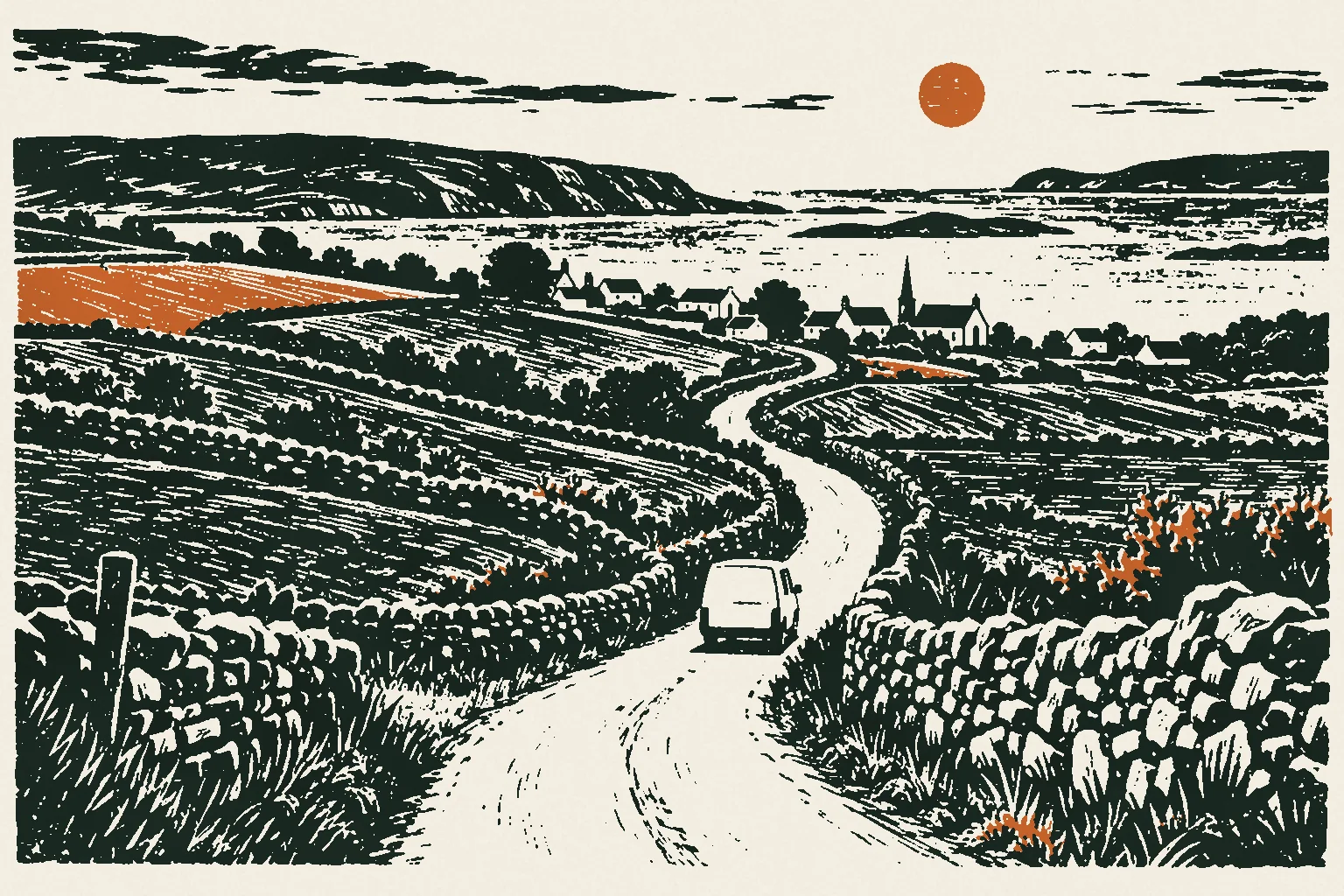 Linocut print of a van on a winding country road between stone-walled fields
