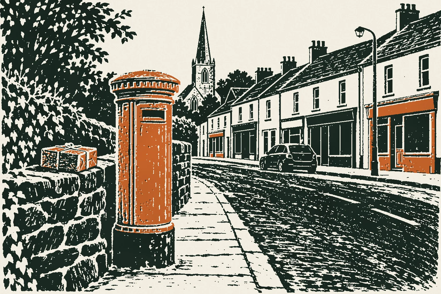 Linocut print of a pillar post box on a village street with a parcel resting on the wall beside it