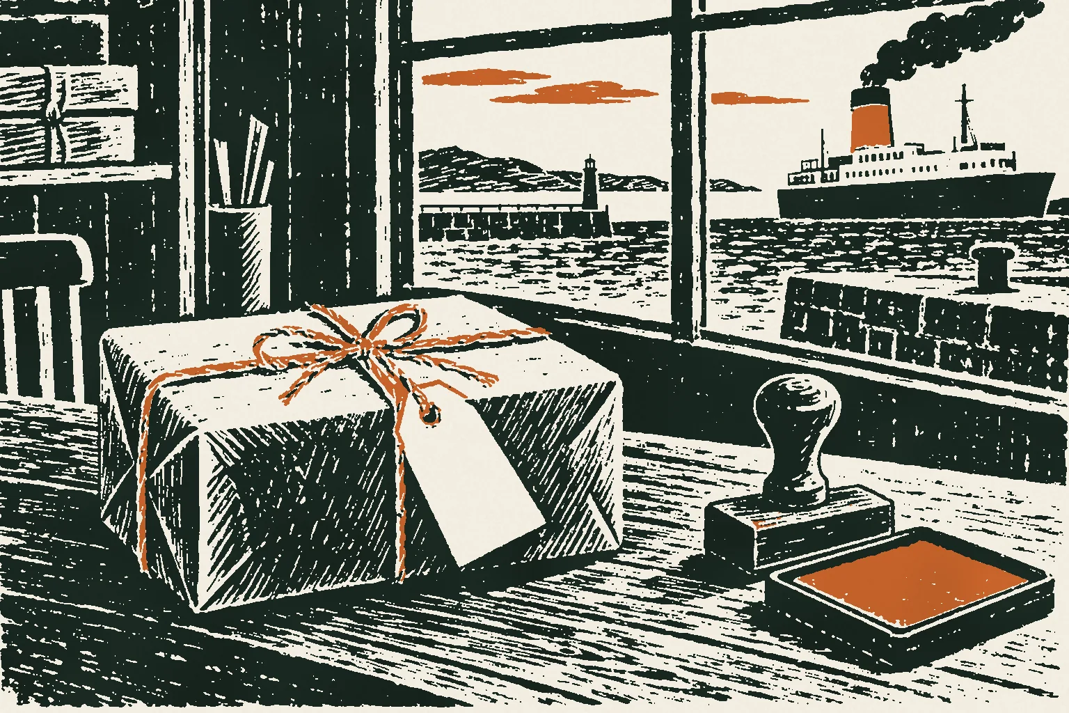 Linocut print of a parcel with a blank string tag beside a rubber stamp and an ink pad