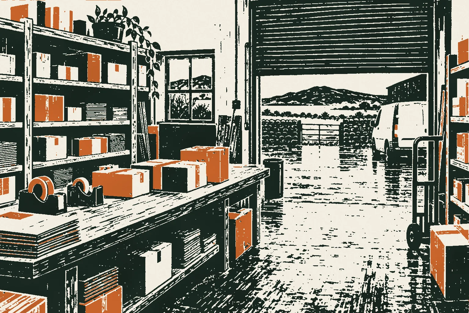 Linocut print of a dispatch room with shelves of parcels and a half-open roller shutter