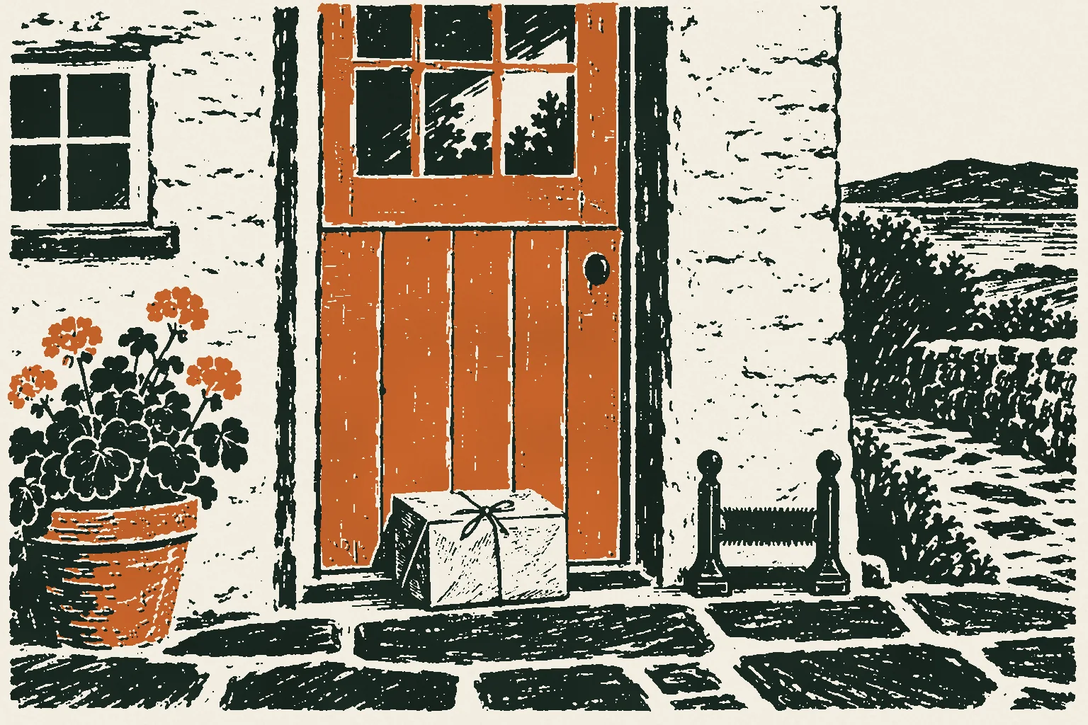 Linocut print of a parcel left against the half-door of a whitewashed cottage