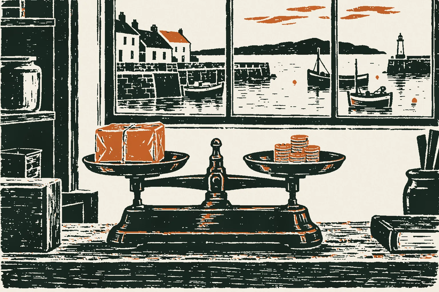 Linocut print of balance scales weighing a parcel against a pile of coins on a shop counter