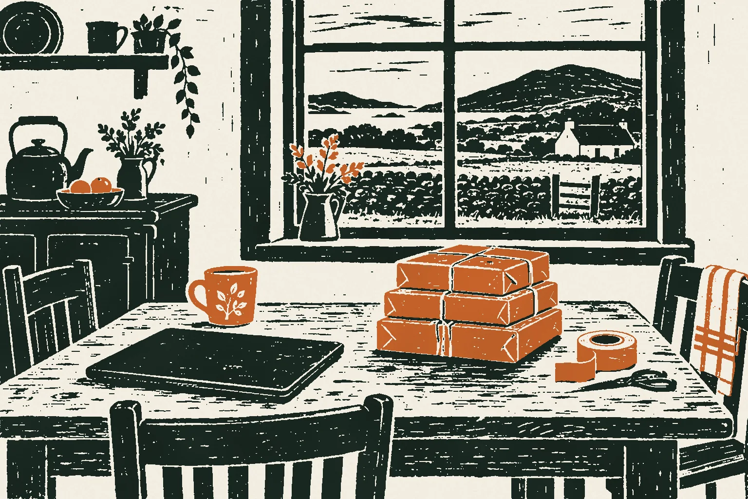 Linocut print of a farmhouse kitchen table with a closed laptop and string-tied parcels, stone walls and hills through the window