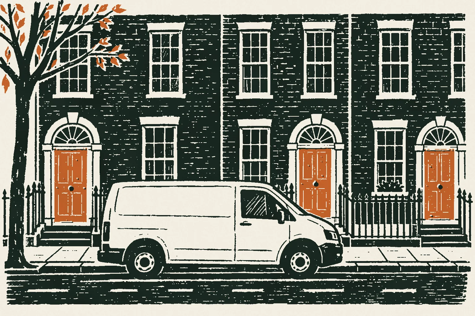Linocut print of a delivery van outside Georgian townhouses with fanlights over the doors