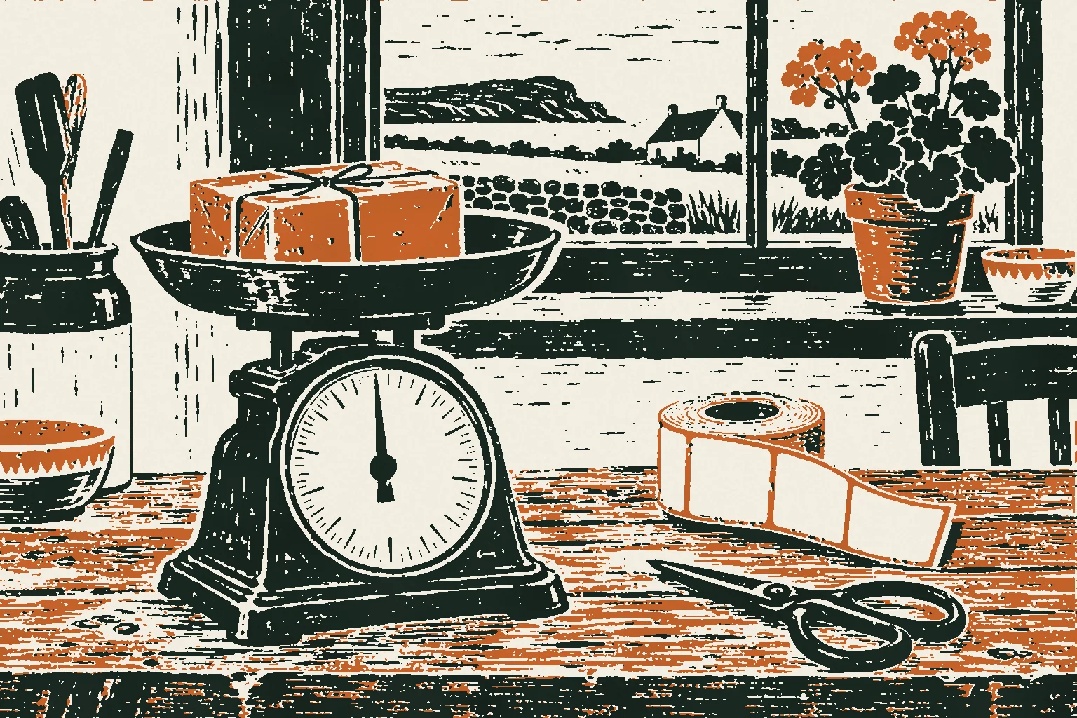 Linocut print of a kitchen scale weighing a parcel beside a roll of blank labels and a pair of scissors