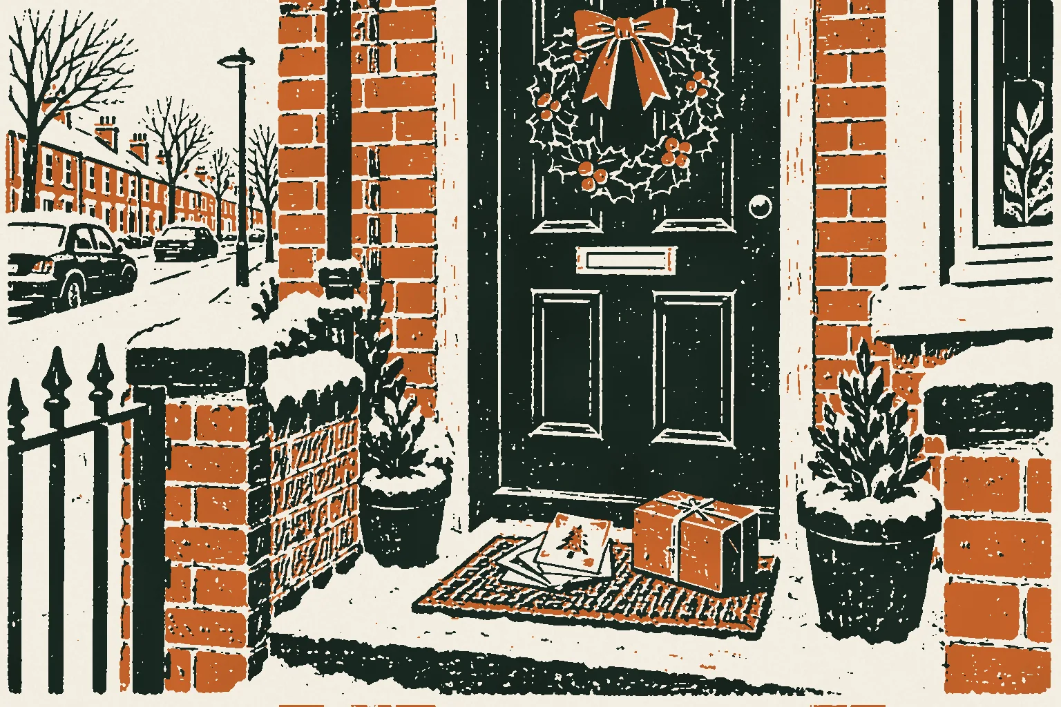 Linocut print of Christmas cards and a small parcel on a frosty doorstep of a red-brick terrace
