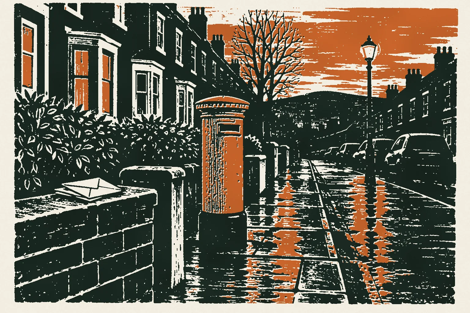 Linocut print of a red pillar postbox on a wet terraced street in Belfast at dusk