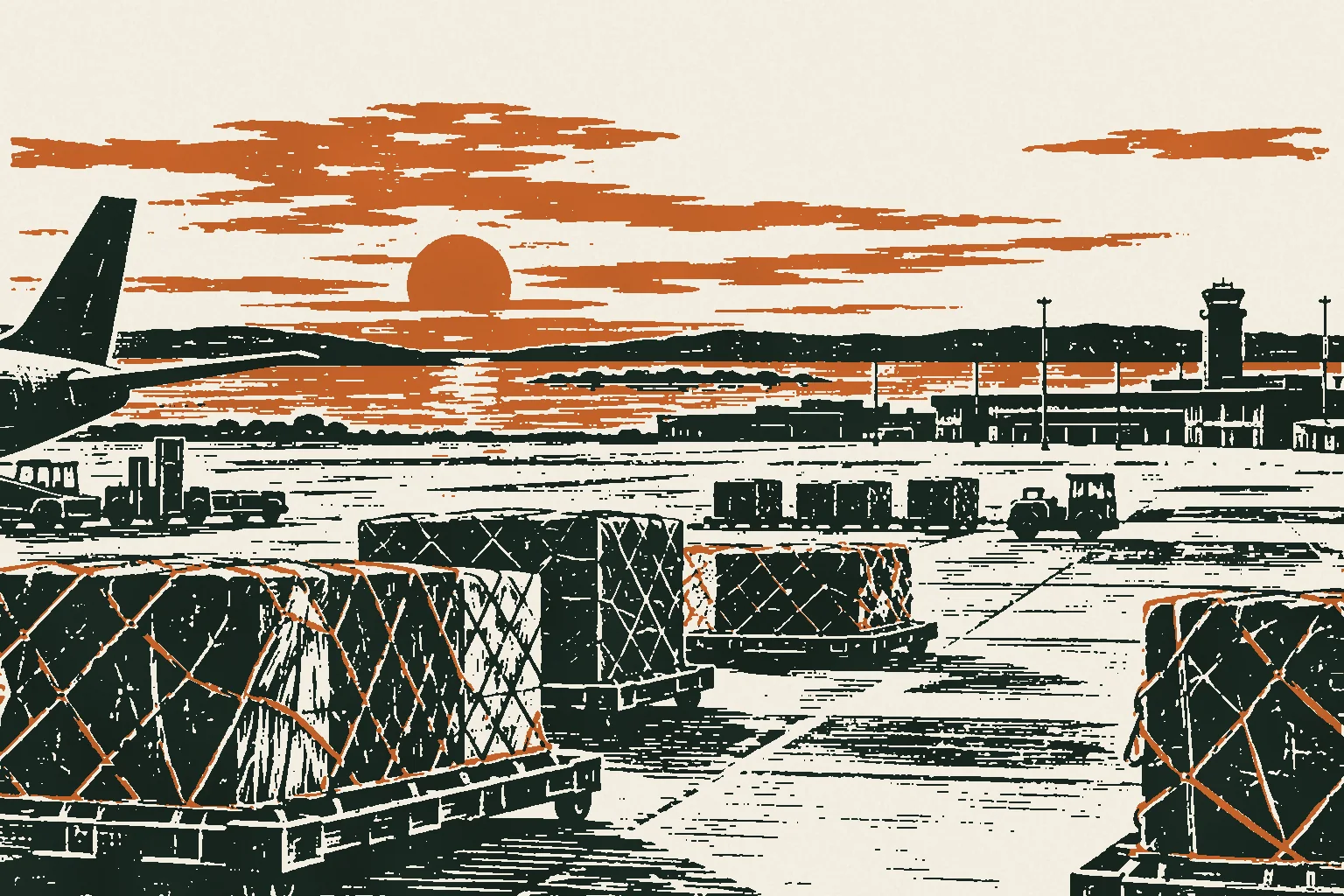 Linocut print of cargo pallets on an airport apron at dusk, the control tower in the distance