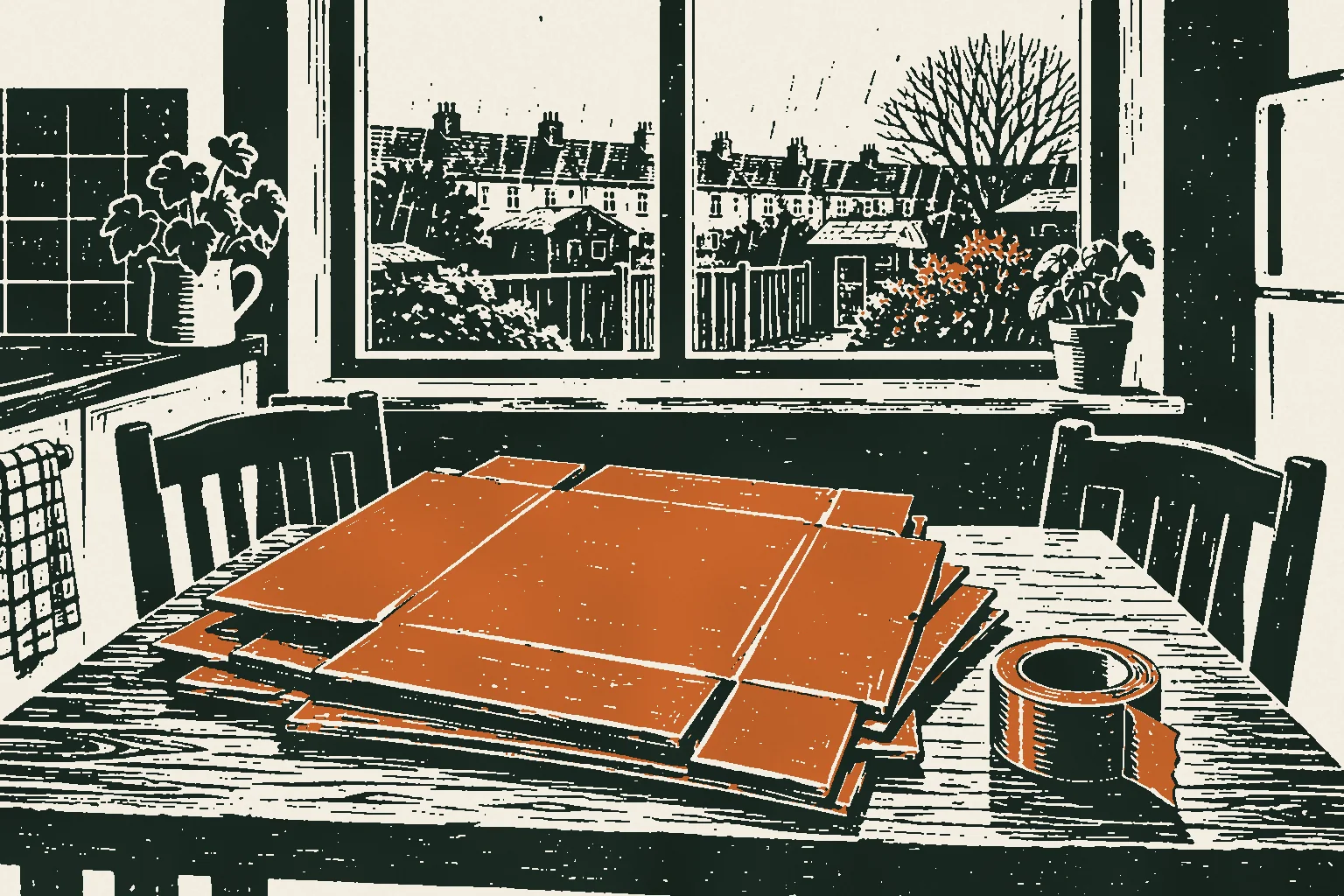 Linocut print of flattened parcel boxes and packing tape on an Irish kitchen table
