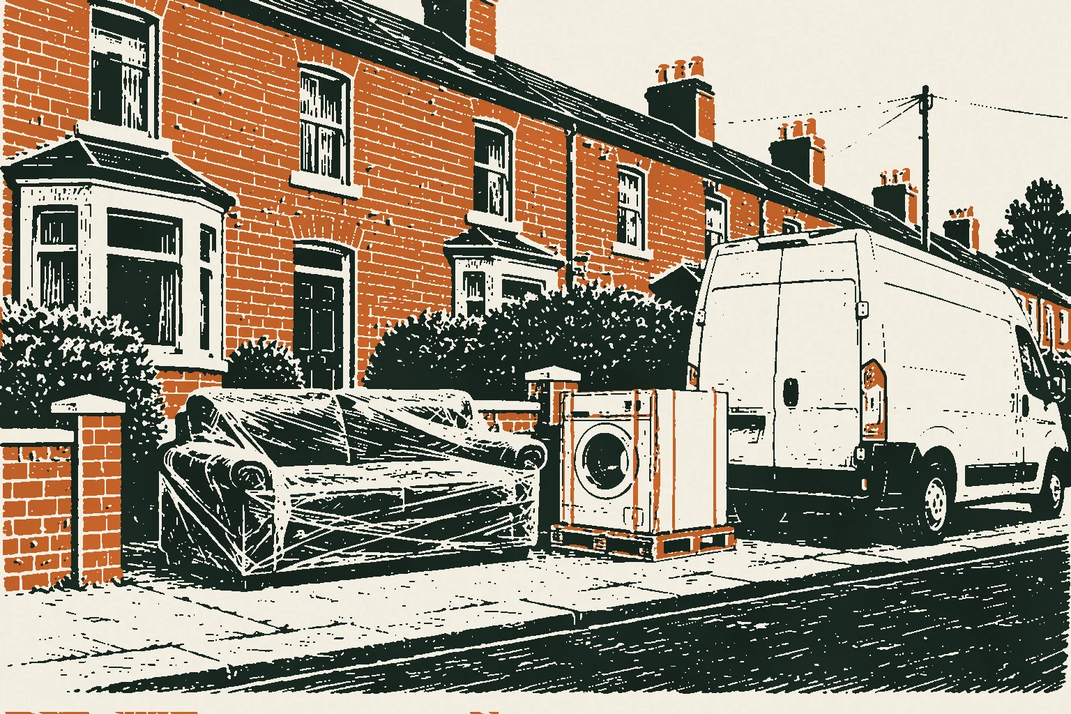 Linocut print of a wrapped sofa and boxed appliance beside a plain van outside a terraced house