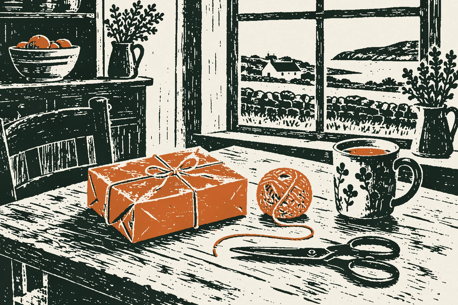 Linocut print of a wrapped parcel, string and scissors on a farmhouse kitchen table